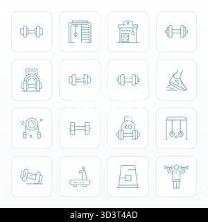 Meisterhaft erstellte 16 Vektorsymbole, die Trainingsgeräte im Thin Line-Design darstellen, mit 256 x 256 Rasterauflösung für außergewöhnliche Sichtbarkeit Stock Vektor