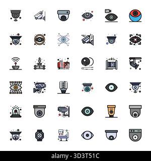 Professionelle Sammlung von 36 zeilengefüllten Vektorsymbolen, die das Überwachungssystem darstellen, gefertigt mit hochauflösender, Pixel optimierter Präzision fo Stock Vektor