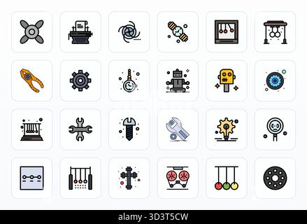 Sorgfältig kuratierte 24 gefüllte Linien-Vektorsymbole für Mechanical, mit Retina Ready editierbarer Auflösung für konsistente Markendarstellung und Benutzer Stock Vektor