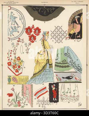Französische Stoffe und Materialien für Frauen. Mittelalterliches Tuch 1,3, Renaissance Material 2, 16. Jahrhundert Gewebe 4, Heinrich IV-Ära 5, 1632 Kleid 6, Louis XIV-Ära Kleid Saum 7, Stoff 8 und Stickerei 9, Louis XV Stickerei 10 und Band A la coque 11, Napoleon III Ära 12, Louis XVI Stickerei 13, Harlequin Band 14, Revolutonary ohne Culottes Streifen 16, Restauration Stickerei 16, Pulchinello Band 17 und First Empire Kleid Saum 18. Lithographie von Hébé aus Paul Louis de Giafferris Geschichte des femininen Kostüms der Welt, Foreign Publications, New York, 1927. Stockfoto