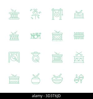 Eine übersichtliche Sammlung von 16 Thin Line Vektorsymbolen, die Percussion darstellen, im bearbeitbaren Format 256 x 256 für moderne Dashboards und Schnittstellen. Stock Vektor
