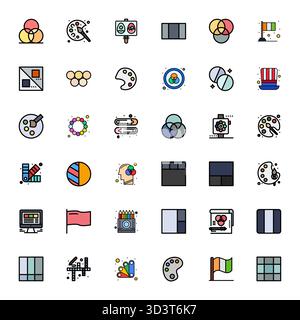 Innovatives Paket mit 36 Vektorsymbolen rund um Farben, das Line-gefüllte Design im Format 256 x 256 zeigt, das perfekte Format für moderne digitale Lösungen. Stock Vektor