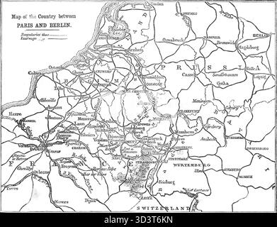 Landkarte des Landes zwischen Paris und Berlin zur Zeit des Deutsch-Französischen Krieges, in der bundesstaaten wie Preußen und Bayern später unter dem deutschen Reich vereinigt wurden, das durch den Sieg über Frankreich eingeläutet wurde. Stockfoto