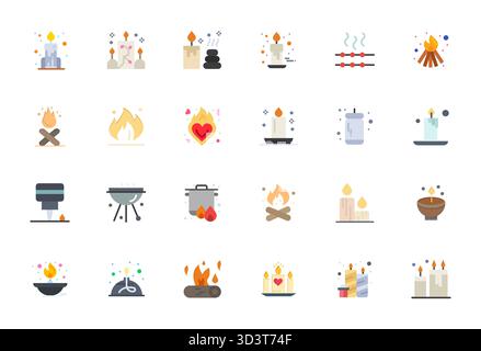 Verwandeln Sie Ihre Designs mit 24 flachen Vektorsymbolen rund um Flamme, die in der perfekten Auflösung von Retina Ready PIXELN für maximale Klarheit entwickelt wurden. Stock Vektor