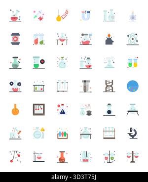 Ultimative Sammlung von 42 Vektorsymbolen, die Experiment in flacher Ästhetik darstellen, optimiert mit einer editierbaren Auflösung von 128x128 für maximale Wirkung. Stock Vektor