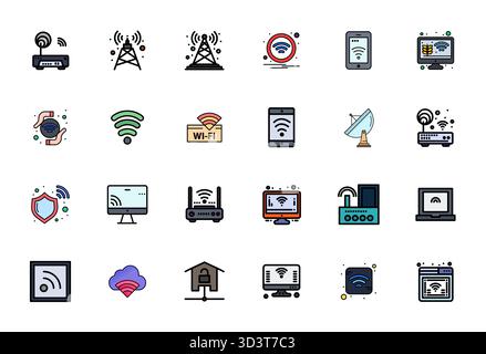 Diese Kollektion enthält 24 perfekte Vektorsymbole mit flachem Line gefülltem Display, die speziell auf das Thema „Wireless Network“ zugeschnitten sind und im Format 64x64 für Digitalanwendungen optimiert sind Stock Vektor