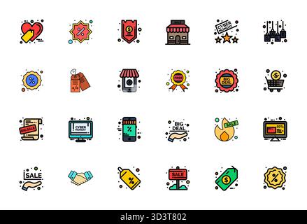 Essential Pack mit 24 Pixel optimierten Vektorsymbolen für Schnäppchen im Zeilenformat, Größe 128x128 für optimale Leistung und Skalierbarkeit. Stock Vektor