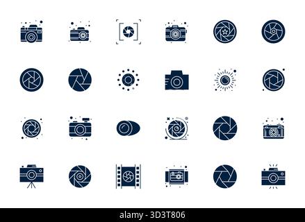 Hochwertige Sammlung von 24 gefüllten Vektorsymbolen für Aperture, akribisch in 128x128 Detailauflösung für überragende visuelle Wirkung gefertigt. Stock Vektor