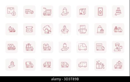 Ein vielseitiger Satz von 28 erweiterten Vektorsymbolen für dünne Konturdetails mit Schwerpunkt auf Delivery Service, geliefert im scharfen Format 64 x 64, ideal für Mobilgeräte und Web Stock Vektor