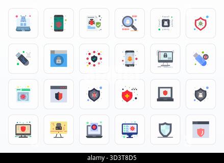 Eine übersichtliche Sammlung von 24 flachen Vektorsymbolen, die Antivirus darstellen, im Format 128x128 Pixel für moderne Dashboards und Schnittstellen entwickelt. Stock Vektor