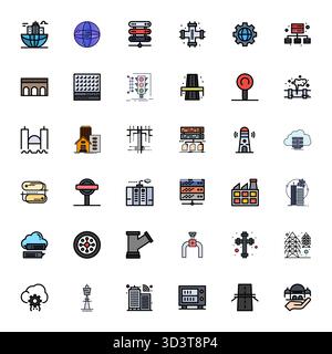 Handgefertigte Kollektion mit 36 zeilengefüllten Vektorsymbolen für Infrastruktur, optimiert in 64x64 Detailauflösung für erstklassige digitale Exp Stock Vektor