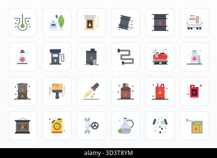 Eine übersichtliche Sammlung von 24 flachen Vektorsymbolen, die Öl darstellen, im Format 256 x 256 Pixel für moderne Dashboards und Schnittstellen. Stock Vektor