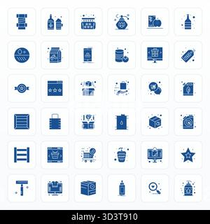Eine übersichtliche Sammlung von 36 Glyph-Vektorsymbolen, die Product repräsentieren, im hochauflösenden PIXEL-Perfect-Format für moderne Dashboards und Schnittstellen Stock Vektor
