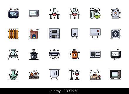 Eine übersichtliche Sammlung von 24 Zeilen gefüllten Vektorsymbolen, die Heizung darstellen, im Format 256 x 256 Pixel für moderne Dashboards und Schnittstellen. Stock Vektor
