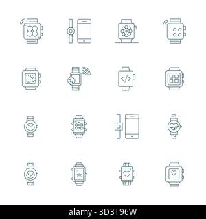Innovatives Paket mit 16 Vektorsymbolen rund um Smartwatch, das Thin Line Design im Format 64x64 Detail Enhanced für moderne digitale Lösungen präsentiert. Stock Vektor