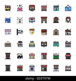 Umfassendes Toolkit mit 36 Vektorsymbolen rund um Storefront, entwickelt in Flat Line, gefüllt mit 64x64 bearbeitbarer Präzision für vielseitiges Design-ap Stock Vektor