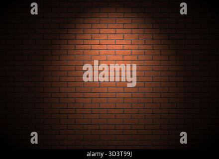 Nächtliche Backsteinwand Hintergrund dunkle Gasse Textur. Dramatische Atmosphäre mit Spotlight auf leere Gebäude echte Kulisse. Ziegelsteine aus laufendem Verbund Stockfoto