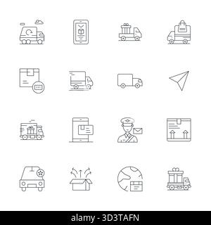 Sorgfältig zusammengestellte 16 dünne Vektorsymbole für Courier mit 256 x 256 Detail Enhanced Resolution für konsistente Markendarstellung und Benutzerdarstellung Stock Vektor
