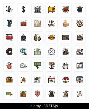 Umfangreiches Toolkit mit 42 Vektorsymbolen, die sich mit Einsparungen beschäftigen, entwickelt in Filled Line mit 128x128 PIXELN perfekter Präzision für vielseitige Design-App Stock Vektor