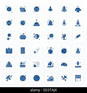 Exklusive Sammlung von 36 Glyph-Vektorsymbolen für Raumfahrzeuge, entwickelt mit Retina Ready Pixel-ausgerichteter Auflösung für erstklassige Markenerlebnisse. Stock Vektor