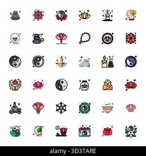 Sorgfältig kuratierte 36 mit flachen Linien gefüllte Vektorsymbole für Meditation mit hochauflösender Pixelausrichtung für konsistente Markendarstellung Stock Vektor