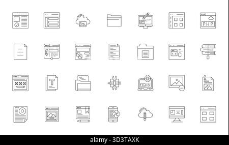 Umfangreiches Toolkit mit 28 Vektorsymbolen rund um Content Management, entwickelt in Thin Line mit 64x64-Details verbesserte Präzision für vielseitige d Stock Vektor