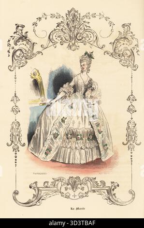 Kostüm einer französischen Braut aus dem 18. Jahrhundert. Porträt der Marquise de Créquy, Renée-Caroline-Victoire de Froulay de Tessé, französische Brieffrau, Salonniere und Memoiristin, 1704-1803. Die Braut. La Mariée. Handkolorierter Stahlstich von Deschamps nach einer Illustration von Theophile Fragonard, in einer dekorativen Kartusche von Anne Modave, aus Augustin Challamels Autrefois oder Le Bon Vieux Temps, Types de 18e Siecle, Challamel et Cie, 1842. Stockfoto