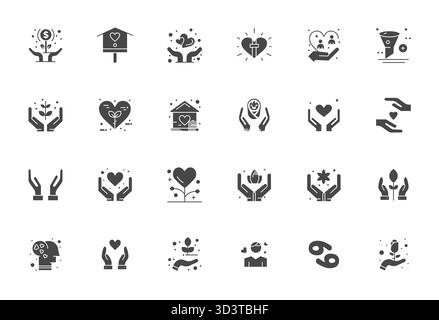 Kuratiertes Paket mit 24 64x64 Vektorsymbolen in gefülltem Design, zentriert auf pflegenden Konzepten mit Display Perfect Clarity. Stock Vektor