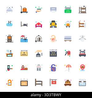 Vektorpaket mit 36 Symbolen mit flachem Gitter, inspiriert vom Hotel, geliefert in Retina ready Auflösung, ideal für skalierbare und kreative Designarbeiten. Stock Vektor