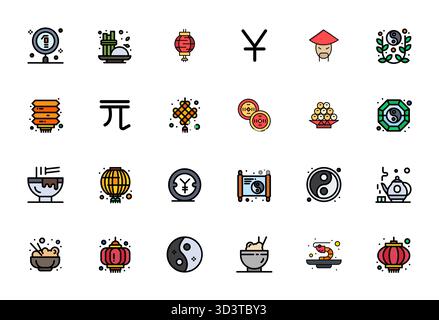Professionelle Sammlung von 24 Zeilen gefüllten Vektorsymbolen, die Chinesisch repräsentieren, gefertigt mit 64x64 bearbeitbarer Präzision für Unternehmensanwendungen. Stock Vektor