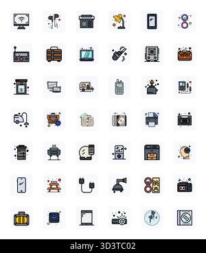Von Experten entworfene 42 LineFilled Pixel optimierte Vektorsymbole für tragbare Geräte, entwickelt mit einer Auflösung von 128x128 für fehlerfreie Integration und Leistung. Stock Vektor