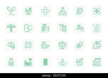 24 regelmäßige Vektorsymbole für Remedy mit hoher Auflösung im Raster für eine konsistente Markendarstellung wurden sorgfältig zusammengestellt Stock Vektor