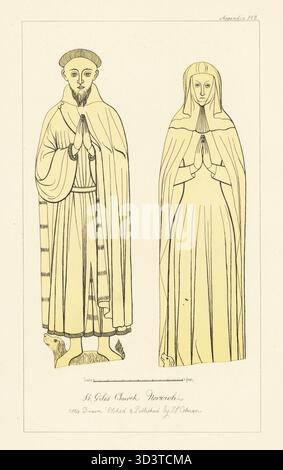 Richard Purdaunce und Ehefrau Margaret, 1436. Bürgermeister von Norwich mit Bart und Hund zu Füßen. Ehefrau in Wimper und Kleid. Memorial Messing in St. Giles Church, Norwich, Norfolk. Handgetönter Kupferstich gezeichnet, geätzt und veröffentlicht von John Sell Cotman in Gravuren der bemerkenswertesten Grabbläser in Norfolk, Henry Bohn, London, 1818. Stockfoto