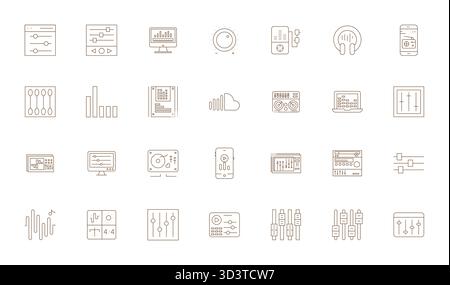 Umfassendes Toolkit mit 28 Vektorsymbolen rund um Equalizer, entwickelt in Thin Line mit Retina Ready Detail, verbesserte Präzision für vielseitige des Stock Vektor