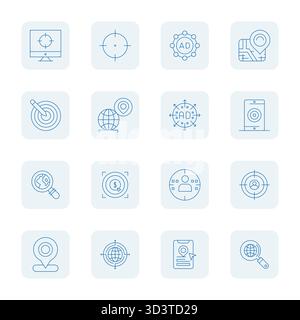 Ausgeklügeltes Paket mit 16 dünnen Konturvektorsymbolen für Zielgruppen, entwickelt mit 128x128 bearbeitbarer Klarheit für professionelle Anwendungen. Stock Vektor
