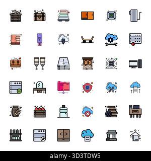 Hochleistungsfähige Sammlung von 36 zeilengefüllten Vektorsymbolen für Storage, entwickelt mit Retina Ready editierbarer Auflösung für optimale Benutzeroberfläche DE Stock Vektor