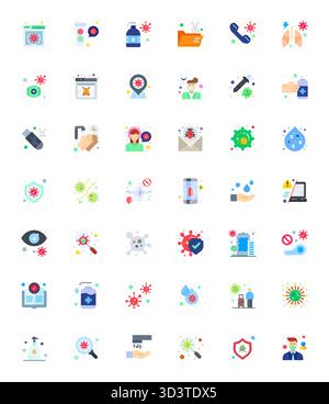 Revolutionärer Satz von 42 Pixel optimierten Vektorsymbolen, inspiriert von Virus, im flachen Format mit 128x128 Auflösung für modernes Design. Stock Vektor