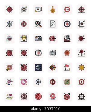 Sammlung von 42 LineFilled PIXEL Perfect Vektorsymbolen für Objektive im Retina Ready-Format für Klarheit und Vielseitigkeit. Stock Vektor