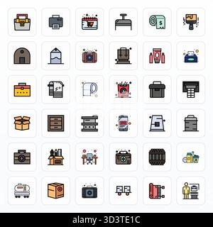 Moderne Sammlung von 36 Vektorsymbolen, die Verbrauchsmaterialien in gefüllter Linie darstellen, mit Retina Ready Grid-angepasster Auflösung für moderne ap Stock Vektor