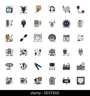 Perfekt ausbalancierte 36 Flat Line Filled Detail verbesserte Vektorsymbole für Kabel, Größe 128x128 für harmonische Integration in digitale Designprojekte. Stock Vektor