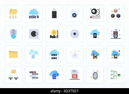 Dieser Satz von 24 flachen Vektorsymbolen erfasst Themen zur Informationsspeicherung in 64x64 Detailqualität und eignet sich perfekt für technische und geschäftliche Anwendungen. Stock Vektor