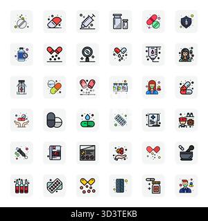 Intelligent gestaltete 36 PIXEL perfekte Vektorsymbole, inspiriert von Medikamenten, im LineFilled-Format bei 128x128 für intelligentes und effizientes Design Stock Vektor
