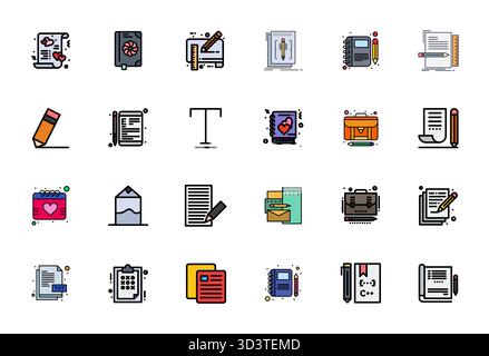 Eine übersichtliche Sammlung von 24 Zeilen gefüllten Vektorsymbolen, die Notepad darstellen, im perfekten Format von 256 x 256 PIXELN für moderne Dashboards und Schnittstellen. Stock Vektor