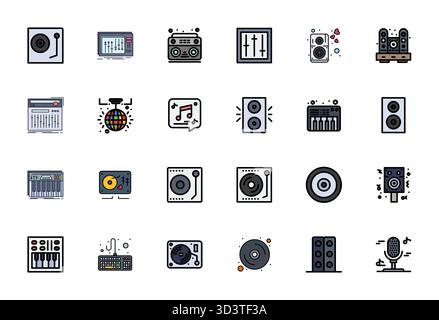 Außergewöhnliche Sammlung von 24 mit Flat Line gefüllten Vektorsymbolen für DJ, in High Resolution Display mit perfekter Auflösung für unvergleichliche visuelle Wiedergabe Stock Vektor