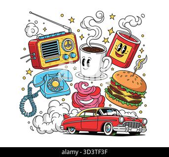 Retro Vintage Cartoon Objekte Logo Vektor Illustration Set Kritzele. Stock Vektor