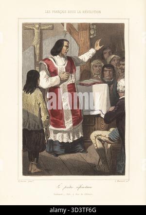 Ein katholischer Priester des refraktären Klerus, der sich weigerte, den Bürgereid von 1791 zu schwören. Ein nicht-jurierender Priester, der eine Messe vor seiner Gemeinde hält. Le pretre refractaire, ou le pretre insermente. Handkolorierter Stahlstich von Leopold Massard nach einer Illustration von Henri Baron aus Augustin Challamel und Wilhelm Tenint's Les Francais sous la Revolution, die Franzosen unter der Revolution, Challamel, Paris, 1843. Stockfoto