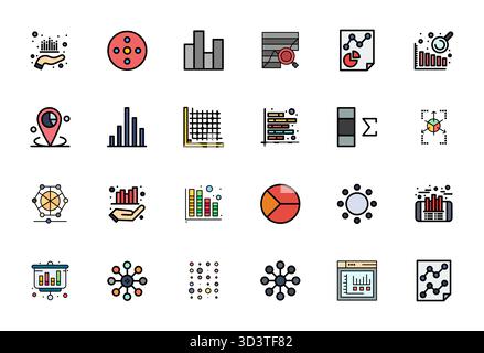 Dieses Datenpunkte-Vektor-Icon-Paket enthält 24 Designs mit flacher Linie im perfekten Format von 64x64 PIXELN, perfekt für die Verbesserung digitaler Schnittstellen. Stock Vektor