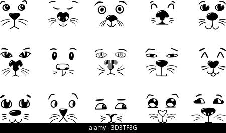 Kritzeleien Sie Katzengesichter. Skizzieren Sie komische Hundekittengesicht, Emotionen von Haustieren. Verschiedene Tierstimmung, Nasen Augen, Schnurrbärte. Handgezeichnete neoterische Vektorelemente ori Stock Vektor