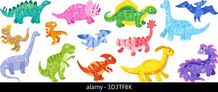 Doodle Buntstift Dino. Kinder zeichnen Dinosaurier, verschiedene Zeichentrickfiguren. Handgezeichnete Monster mit Buntstift oder Kreide, neoterische Vektor-Clipart-Origi Stock Vektor