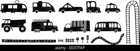 Bleistift zeichnet Straßenelemente. Handgezeichneter Kreidewagen, Bus, Straßenbahn, Taxiautos, schwarze Silhouetten. Verkehrsschilder, Grunge-Wege und Eisenbahn. Kinderdesign Stock Vektor